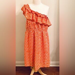 Lane Bryant Orange White Tan Confetti SZ 18 Boho Chic Ruffled One Shoulder Dress